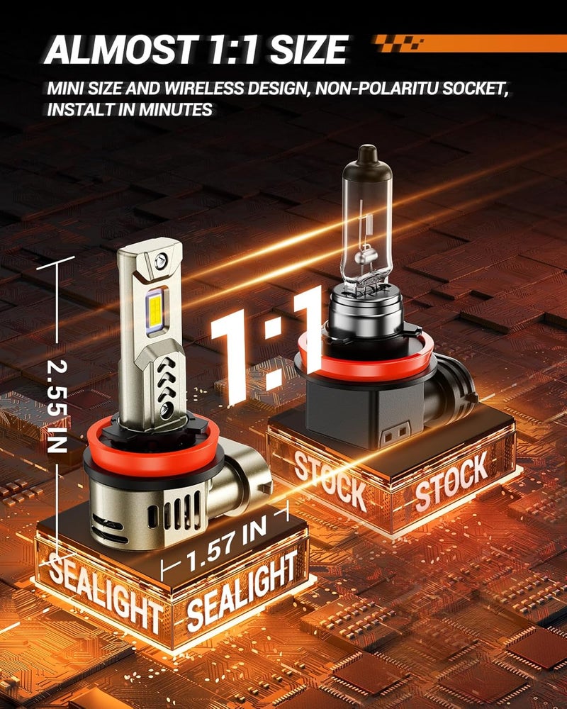 SEALIGHT 9005/HB3 H11/H9/H8 لمبات المصابيح الأمامية LED مجموعة، 90000 لومن 10X سطوع 6500K ضوء النهار الأبيض، 25000 دورة في الدقيقة مروحة تبريد لمبات، عبوة من 4 - Image 3